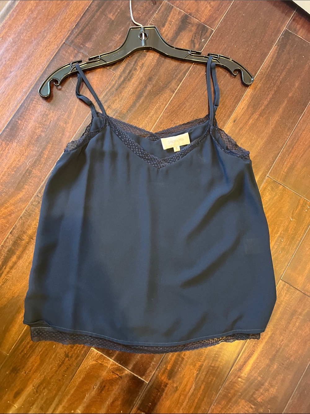 Lace-Trim Navy Satin Camisole